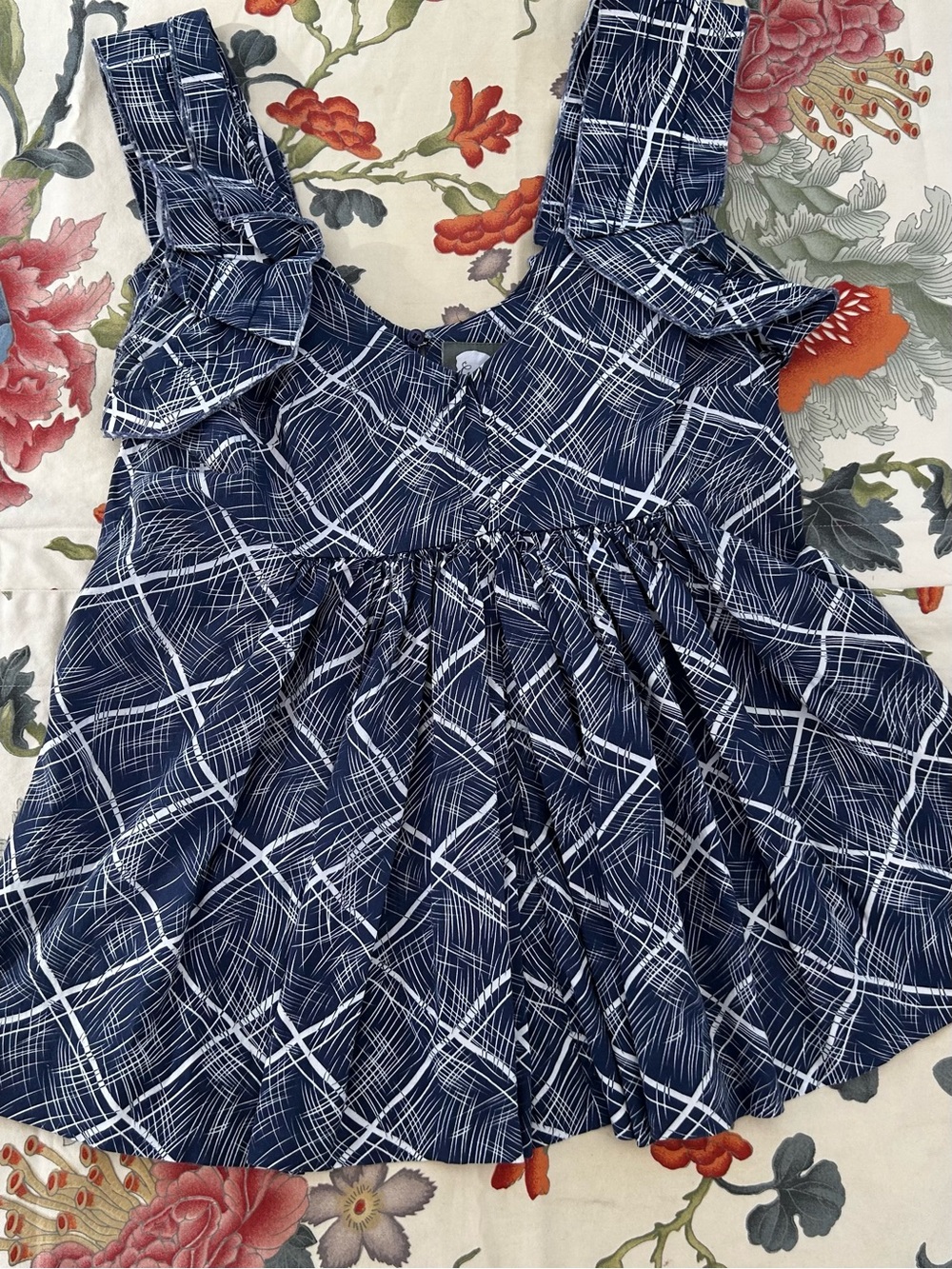 Girls from Savoy Ruffle Short Sleeve Navy Blue Cotton Top w Abstract Pattern